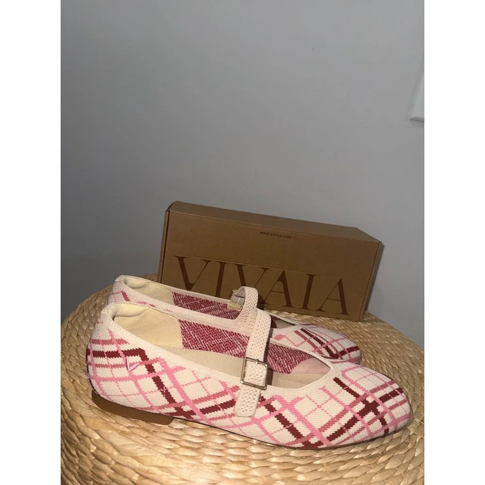 VIVAIA Square Toe Knit  Flats Pink Plaid Buckle Strap Shoes size‎ EU/41 US/9.5